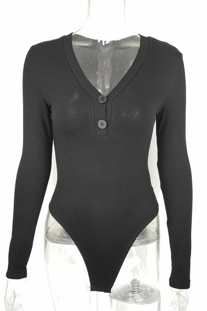 CWSBSL0150_COTTON RIBBED V-NECK BUTTON LONG SLEEVE BODYSUIT