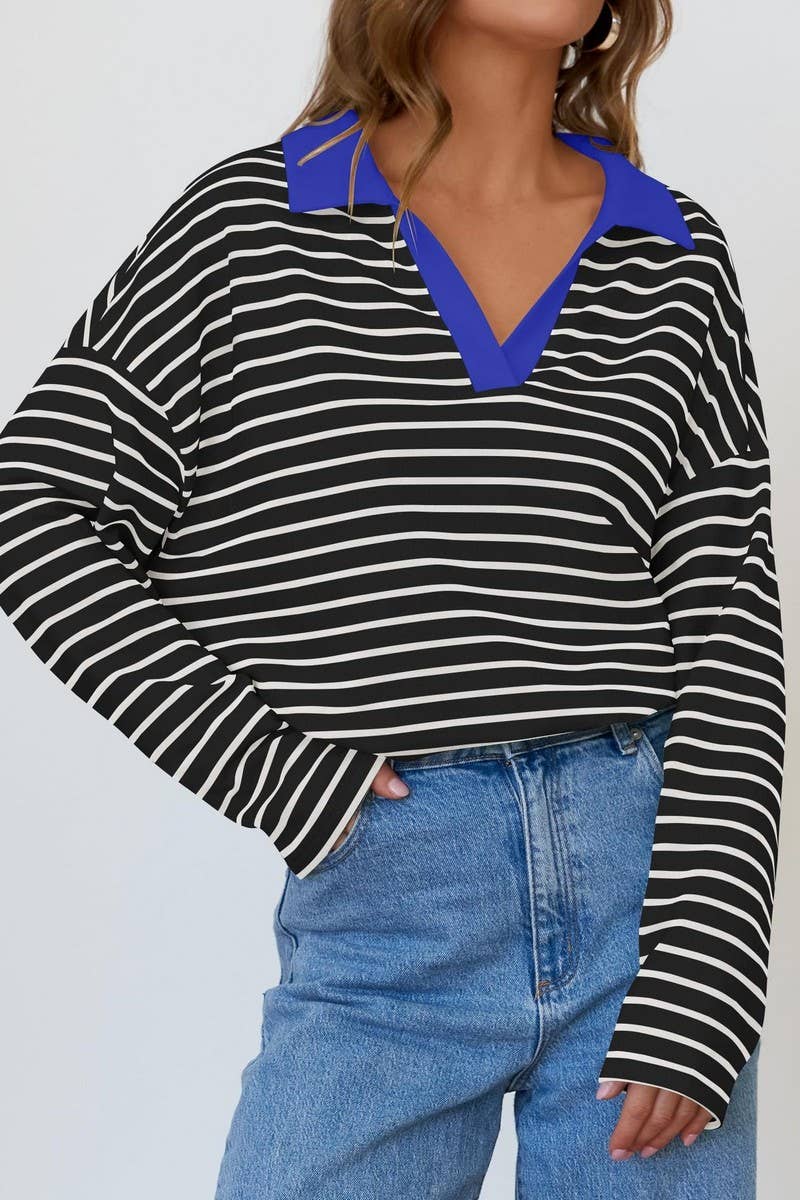 CWTBLL1811_LAPEL STRIPED V-NECK LOOSE SWEATSHIRT