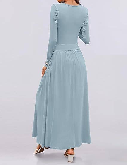 CREW NECK PLEATED POCKET SLIM LONG-SLEEVE DRESS