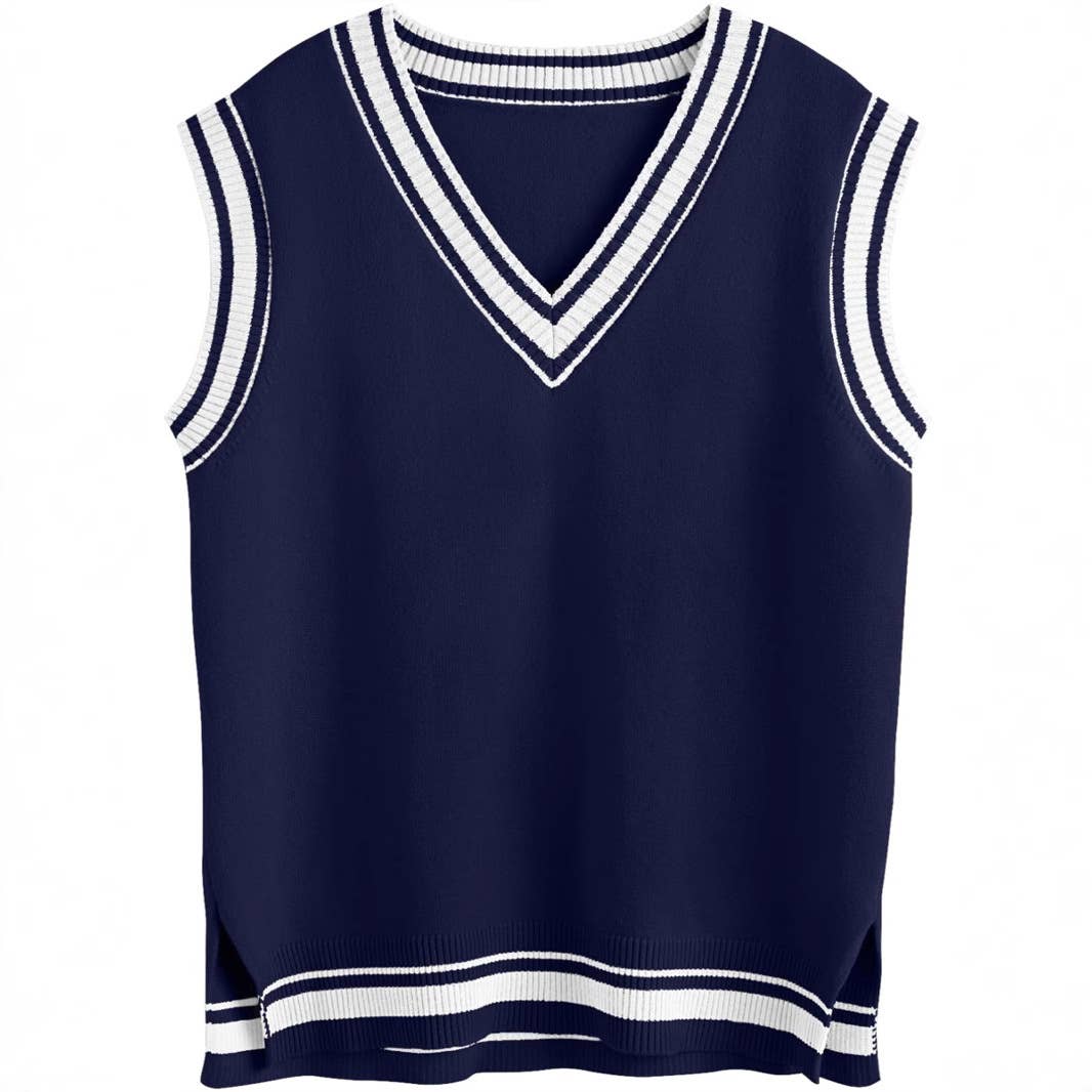 COLOR CONTRAST PREPPY V-NECK SLEEVELESS KNIT VEST