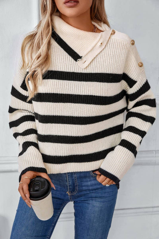 CWOSWL2828_STRIPED LAPEL BUTTON PULLOVER KNIT TOP