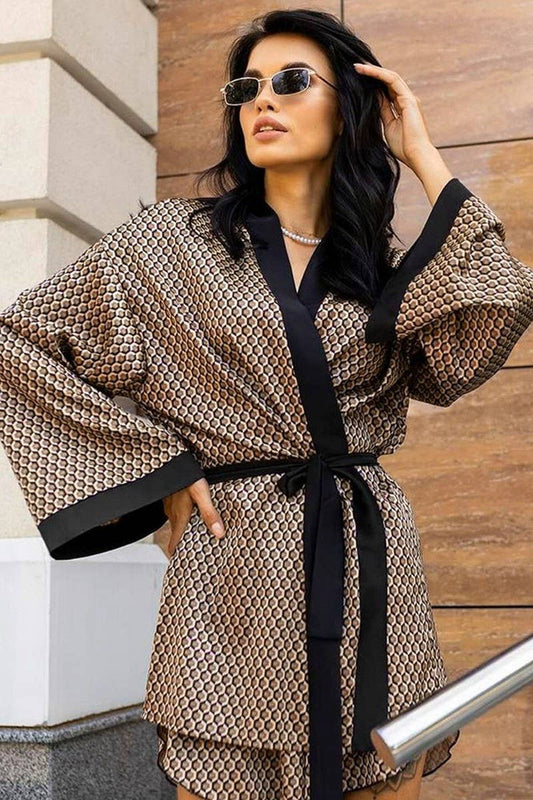 CWSPJ0395_SATIN PRINT CARDIGAN ROBE SHORTS TWO-PIECE SET