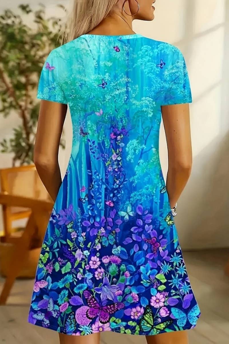 CWDSD10875_CASUAL V-NECK PRINTED SHORT-SLEEVED DRESS