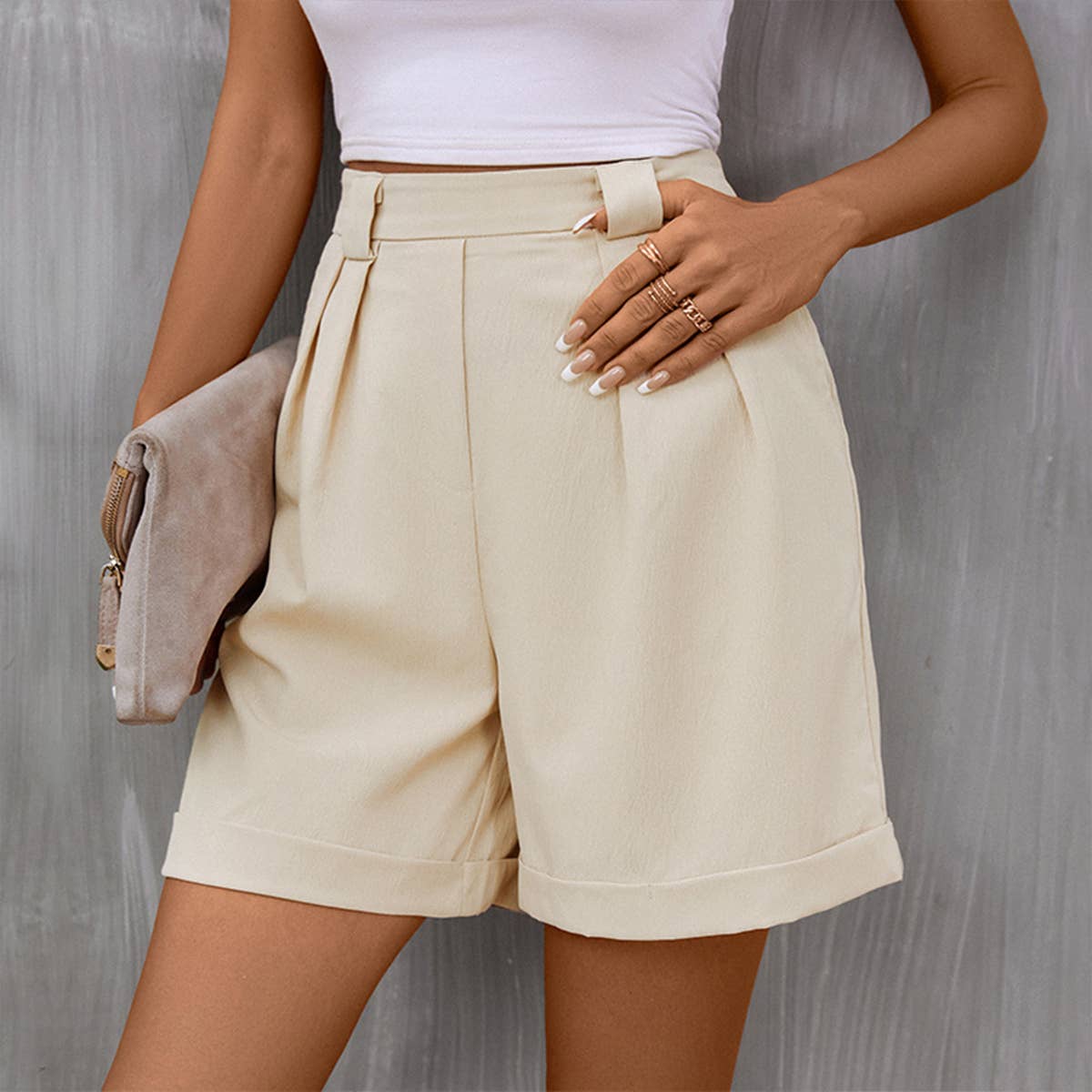 Casual Rolled Hem Solid High-Waist Trousers
