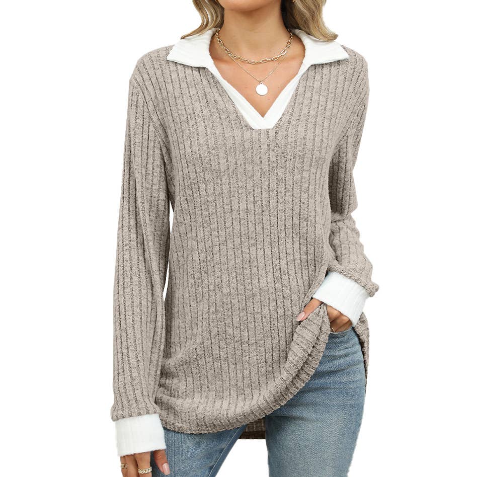 COLOR CONTRAST LAPEL LONG SLEEVE LOOSE T-SHIRT