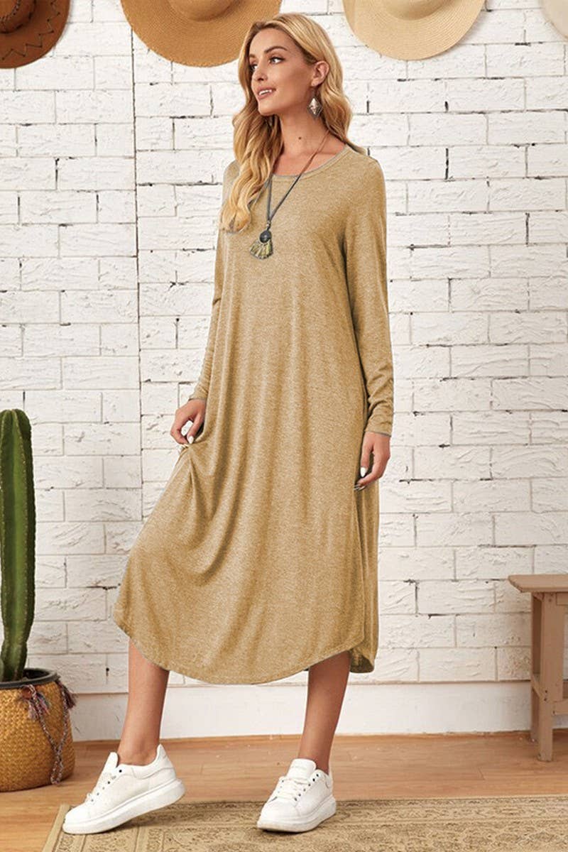 CWDMD3948_SOLID COLOR CASUAL LONG SLEEVE LONG DRESS