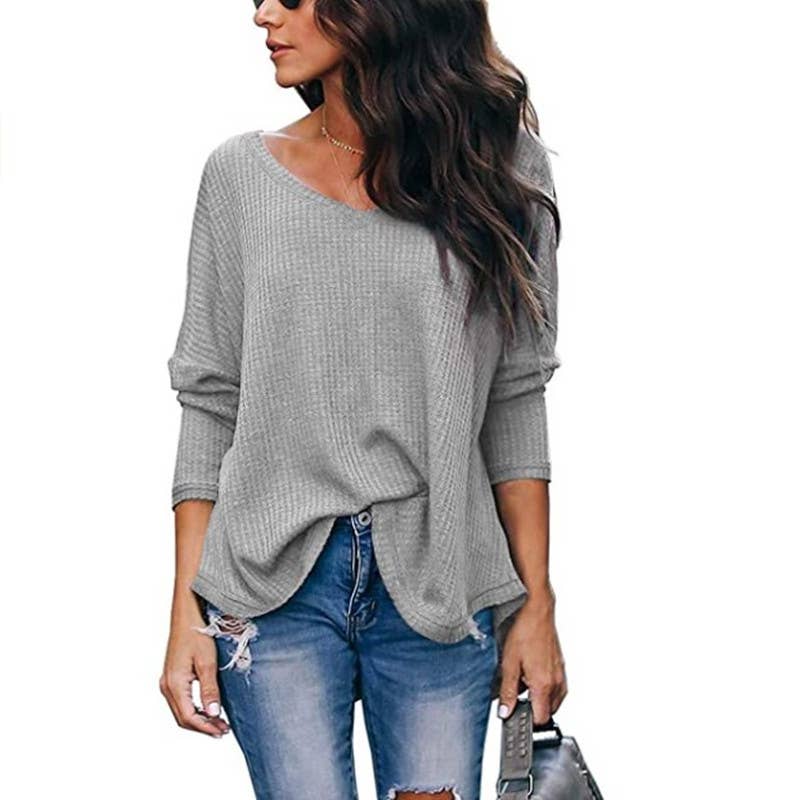 CWTTL1205_V-neck Long Sleeved Loose Knit Top