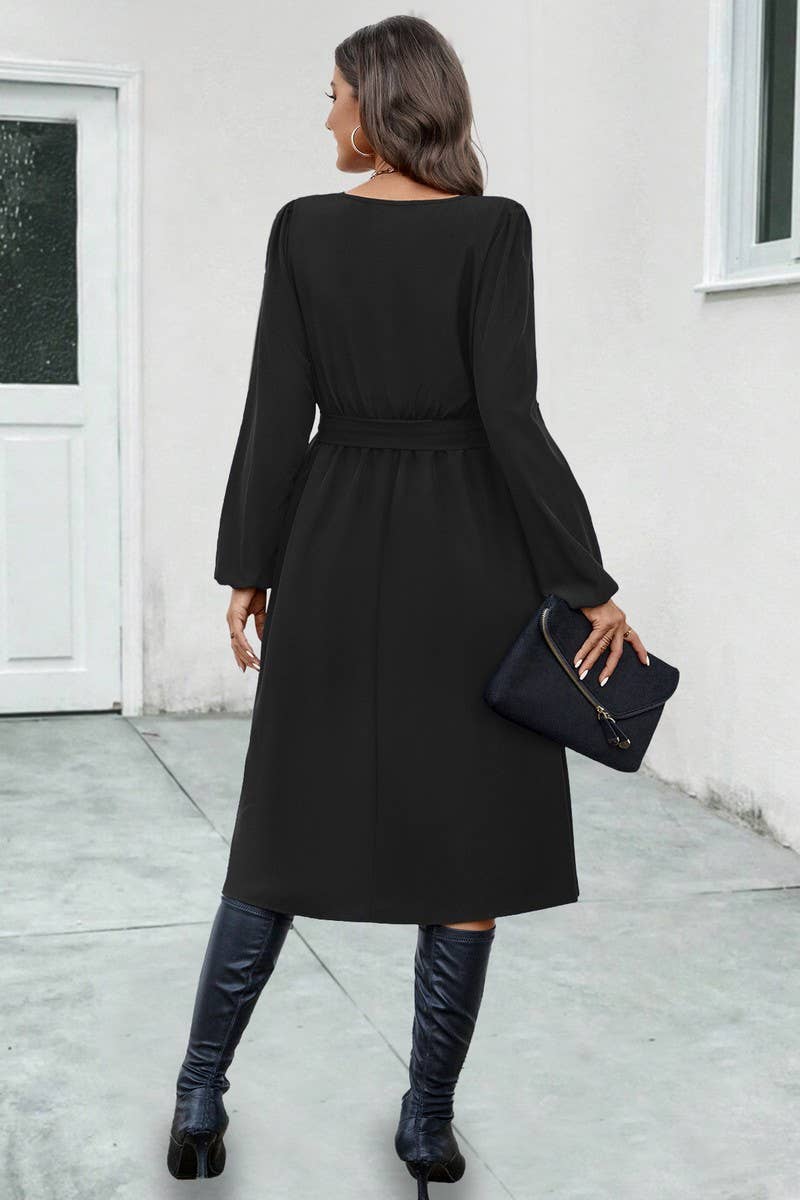 CWDSD4869_IRREGULAR NECKLINE TIE LONG SLEEVE DRESS