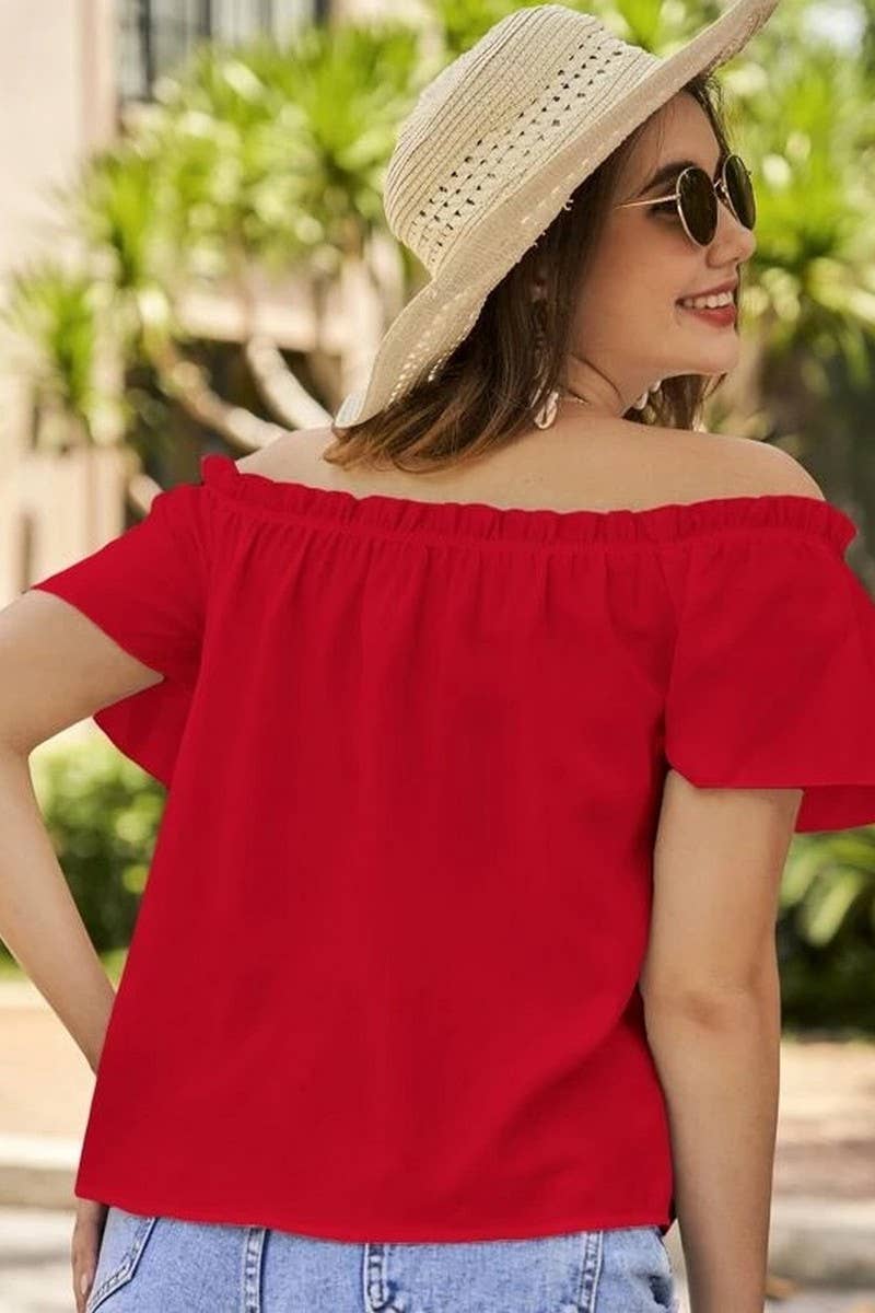 CWTBLS1493_SOLID COLOR OFF-SHOULDER RUFFLE SHIRT TOP