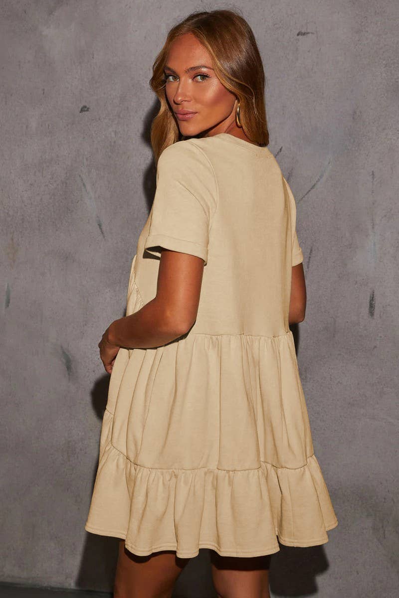 CWDSD7774_CASUAL POCKETED SHORT SLEEVE RUFFLED DRESS