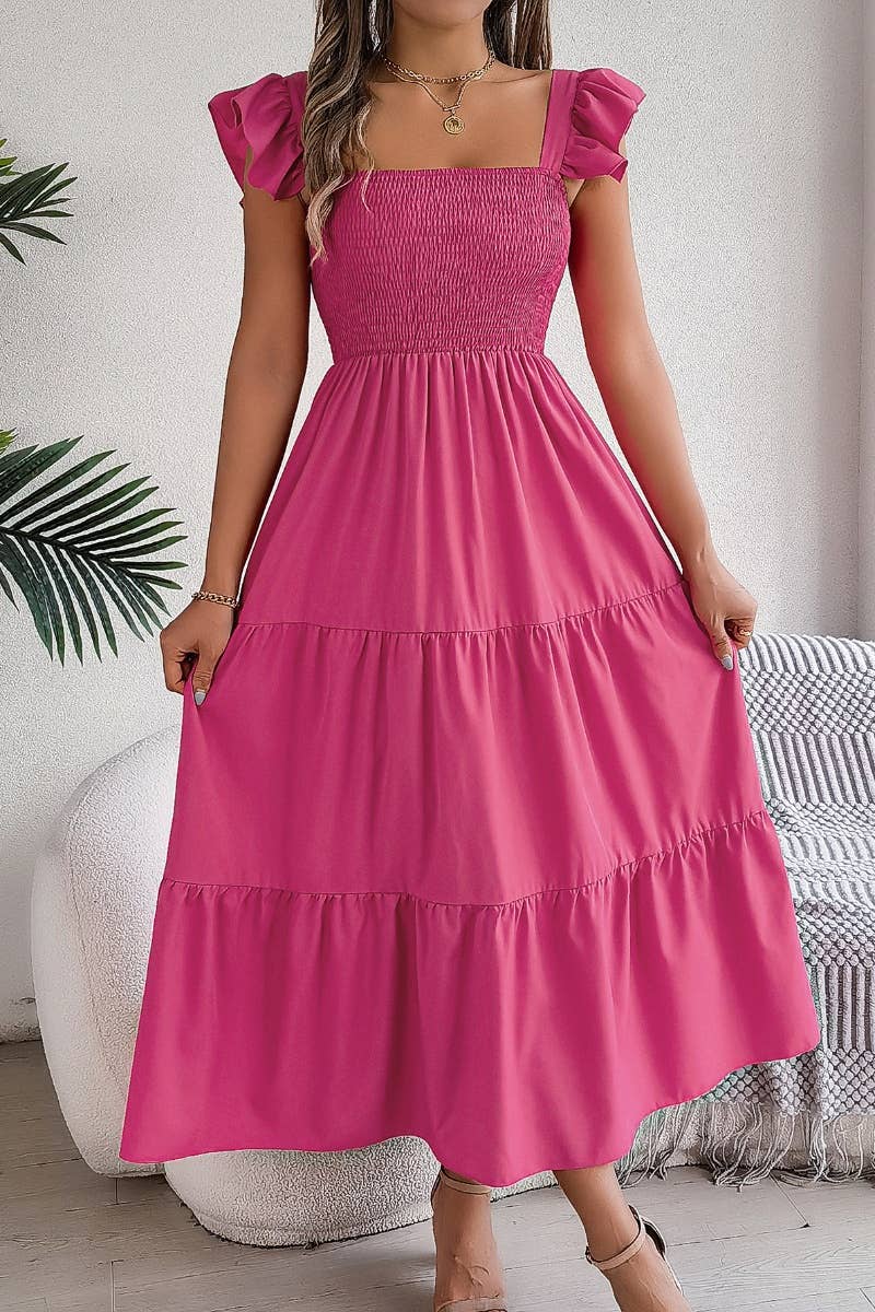 CWDMD2662_A-LINE DRESS WITH SQUARE COLLAR WOODEN EAR EDGE