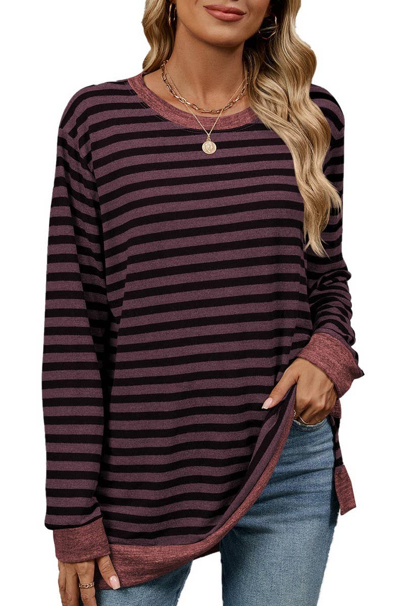 CWTBLL2354_ROUND NECK STRIPED COLORBLOCK LOOSE T-SHIRT TOP