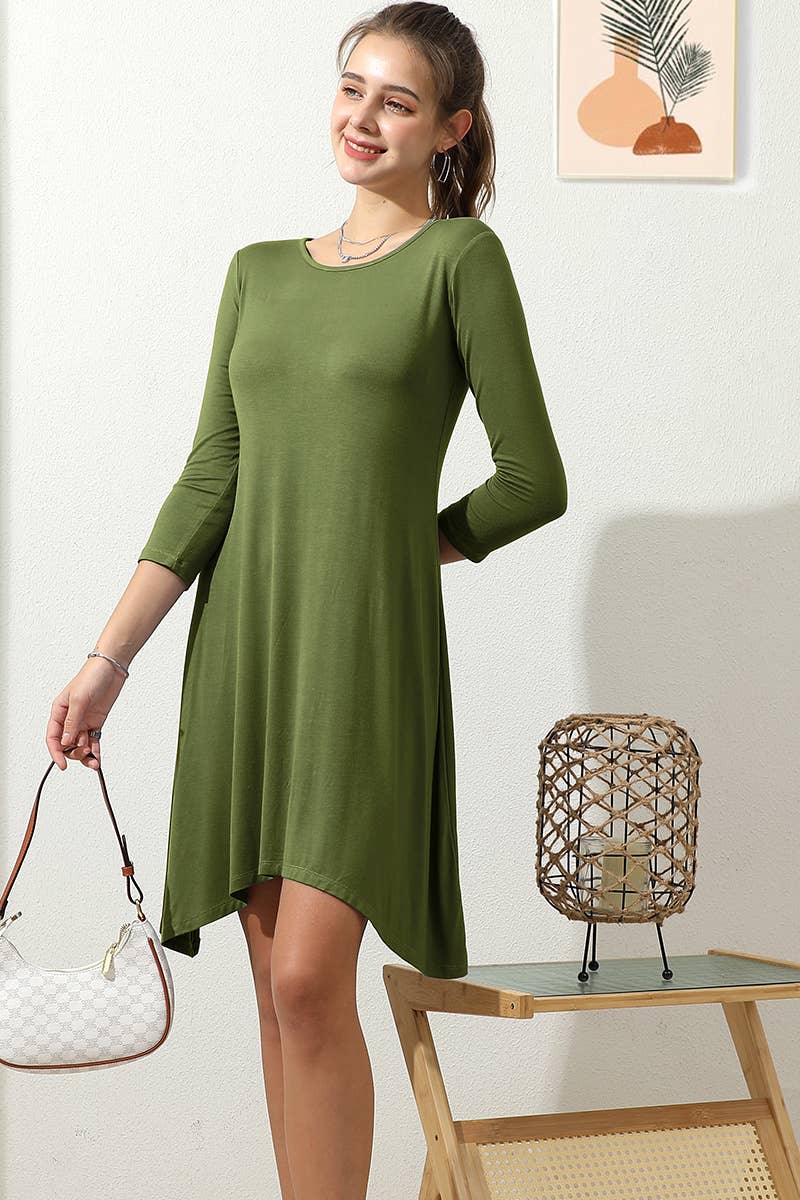 CWDMD798-P_SIZE SIZE ROUND NECK UNBALANCED HEM SOLID DRESS
