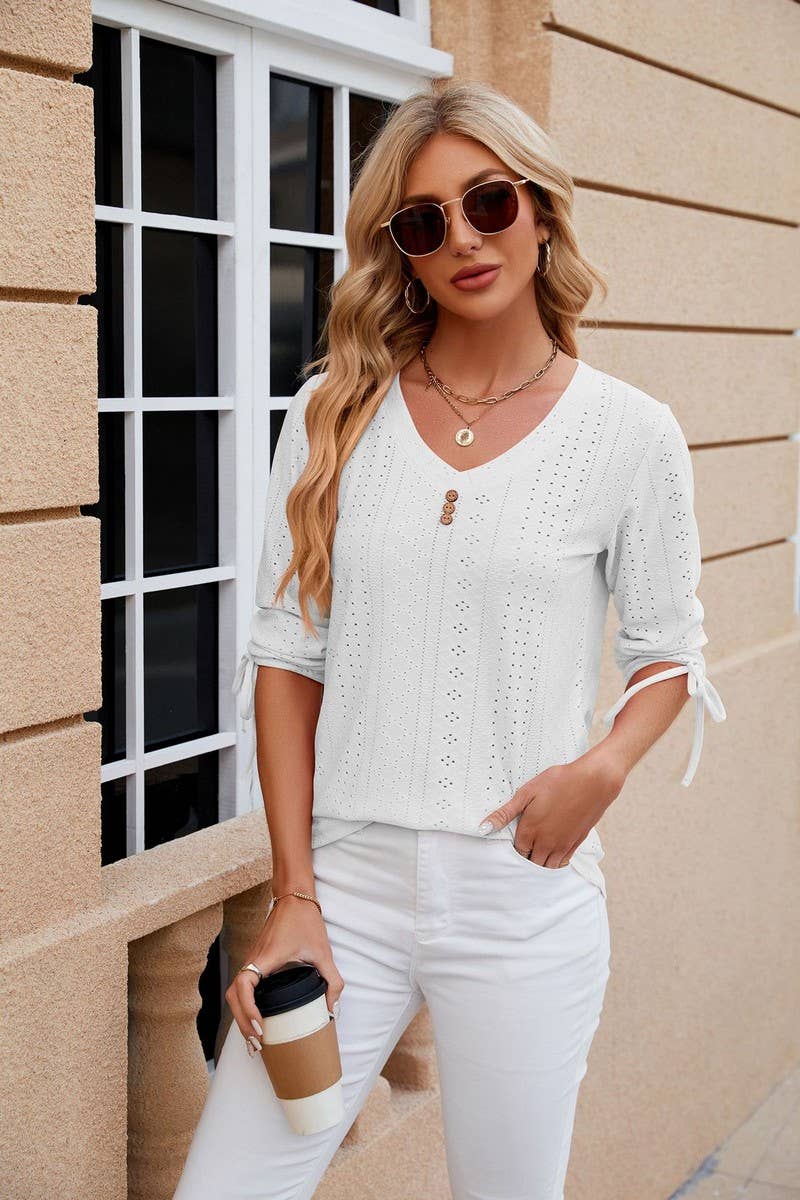 CWTTS0814_3/4 Sleeve V-Neck Knit Top