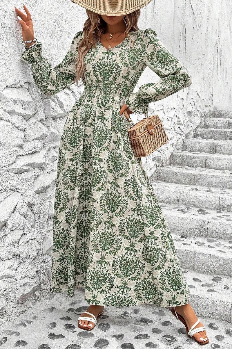 CWDMD4100_PRINTED V-NECK LONG-SLEEVED SWING DRESS