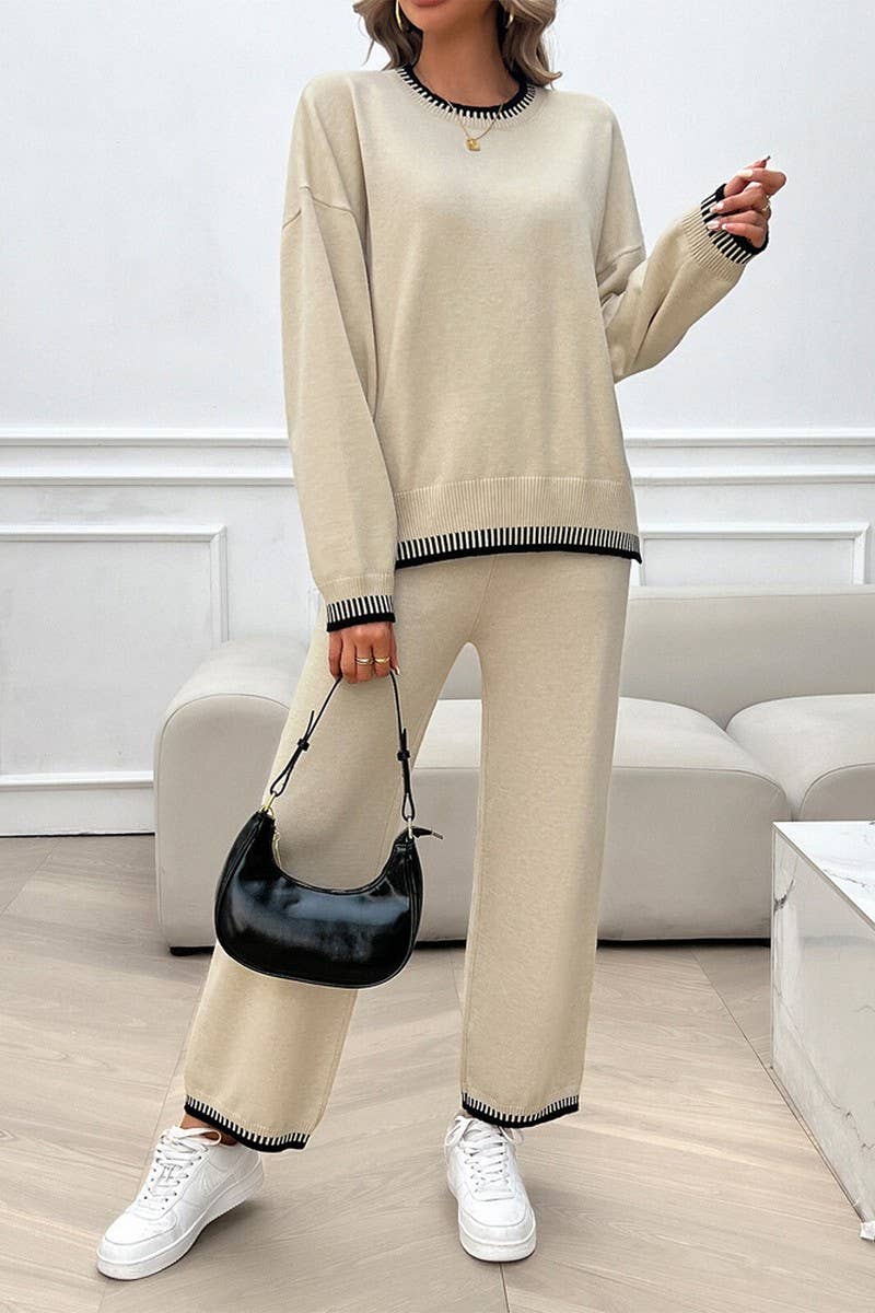 CWSTB0742_CASUAL CONTRAST COLOR SWEATER AND PANTS SET