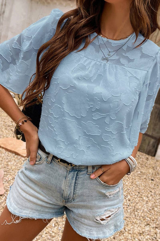 CWTBLS0666_ROUND NECK SHORT SLEEVE FLOWER CHIFFON TOP