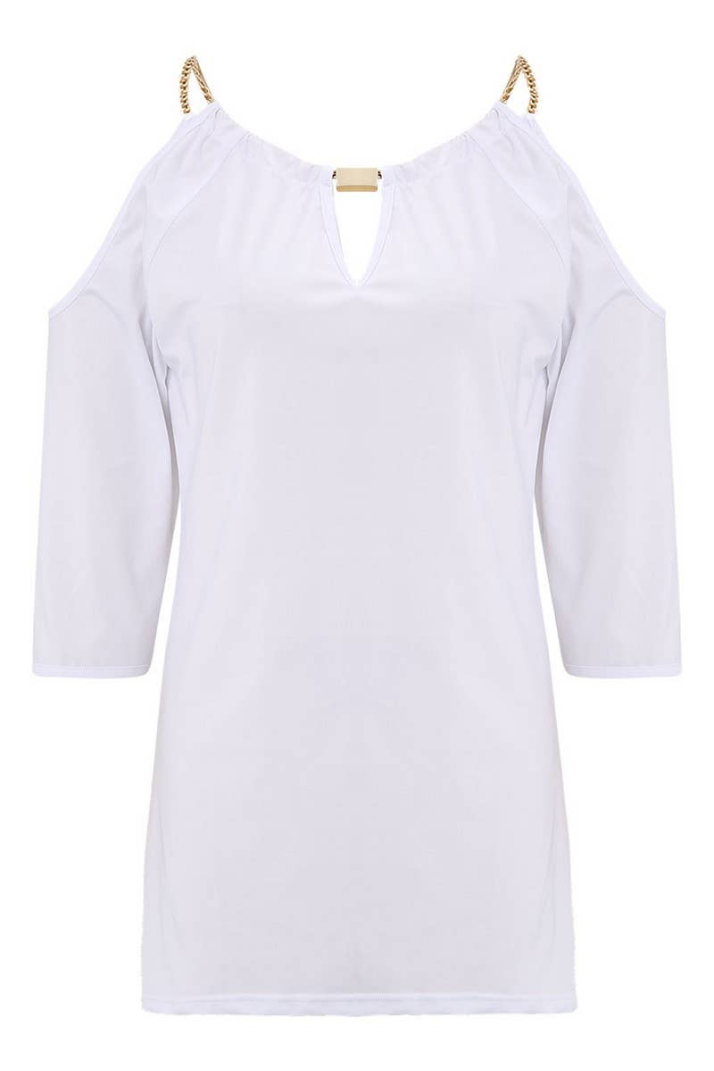 CWTBLS2207_PENDANT STRAP COLD SHOULDER SLIM FIT TOP