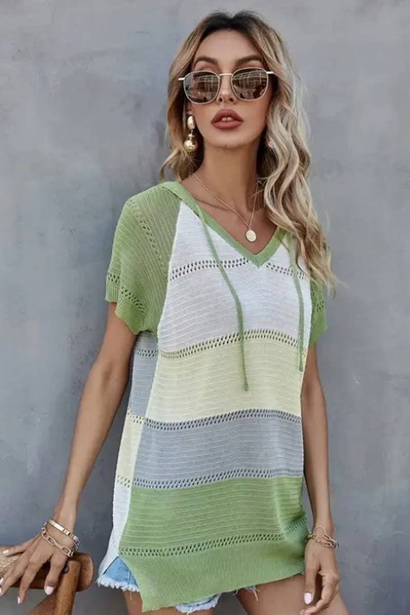 CWTTS1304_SPRING AND SUMMER STRIPED HOODED T-SHIRT