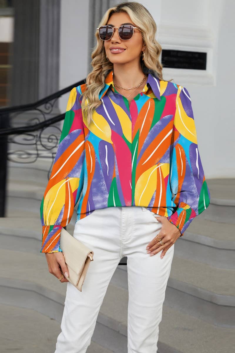 CWTSTL2302_HOLIDAY PRINTED LONG-SLEEVED LANTERN SLEEVE SHIRT