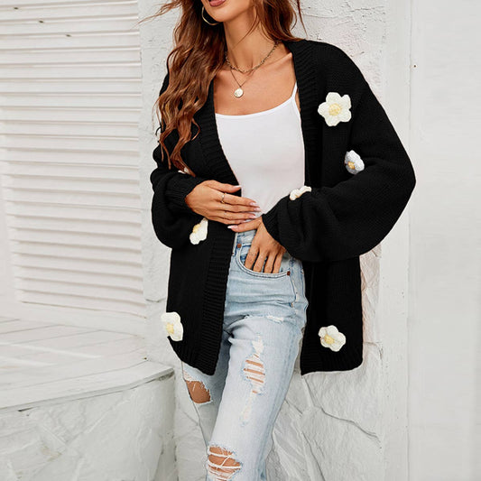 Flower cardigan lantern sleeve sweater coat