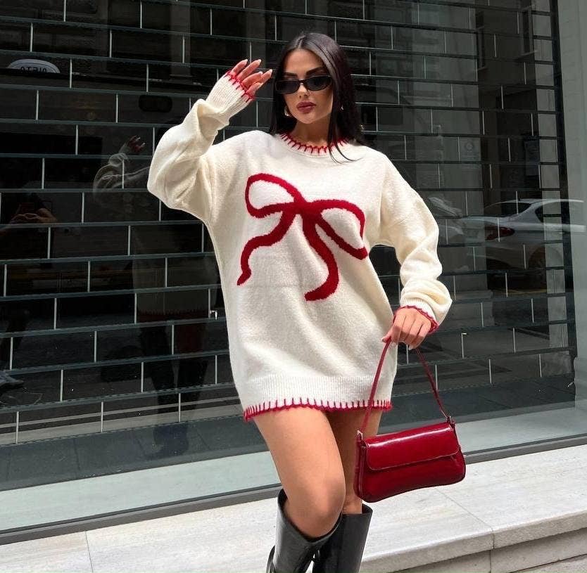 COLOR CONTRAST BOW JACQUARD ROUND NECK SWEATER