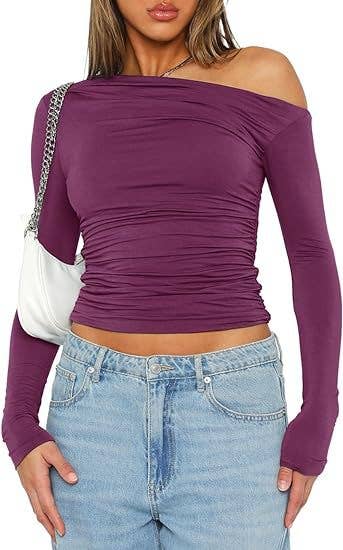 DIAGONAL SHOULDER ASYMMETRICAL SOLID COLOR TOP