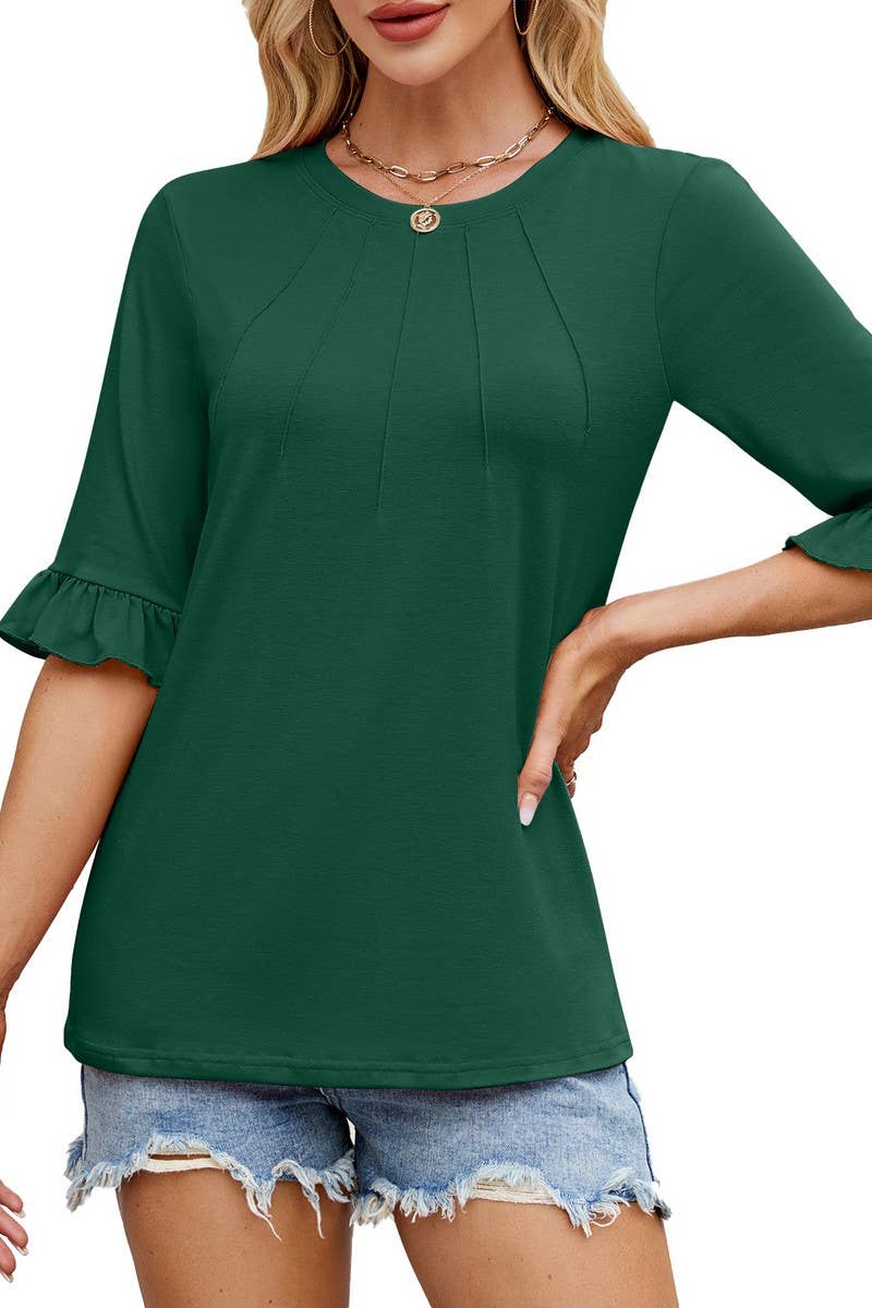 CWTBLS1725_SOLID COLOR ROUND NECK RUFFLE SLEEVES TOP