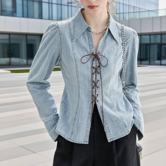Cross-tied spicy girl style denim shirt