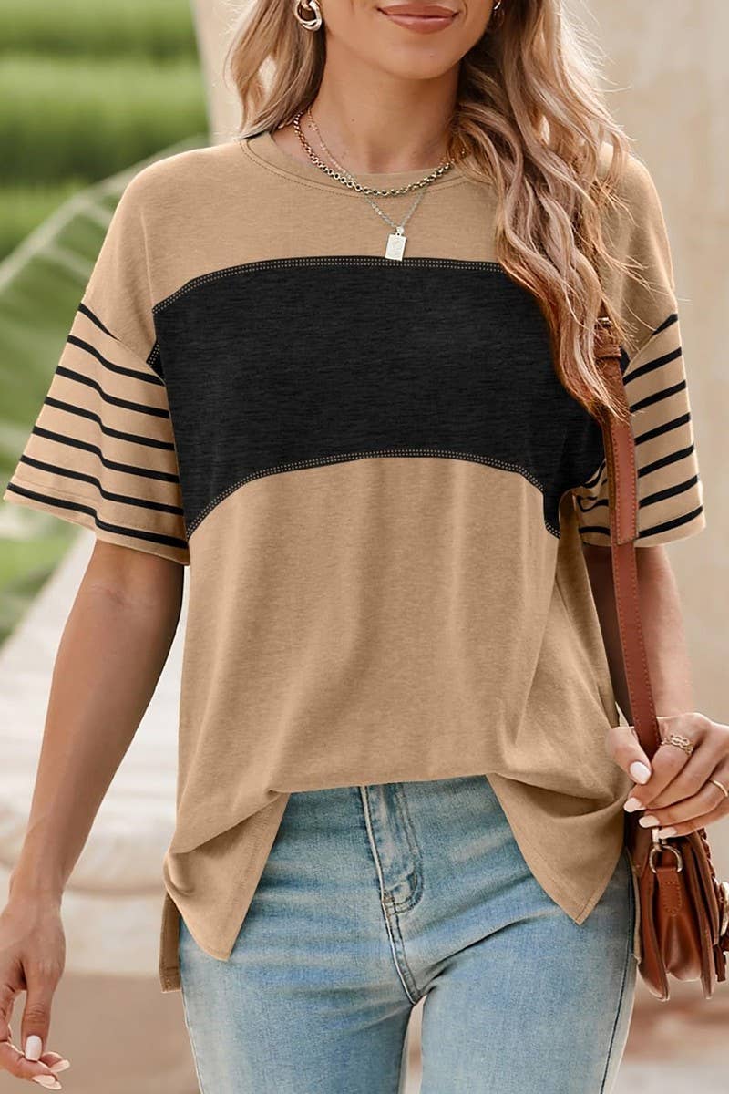 CWTTS1392_ROUND NECK CASUAL STRIPED CONTRAST COLOR T-SHIRT