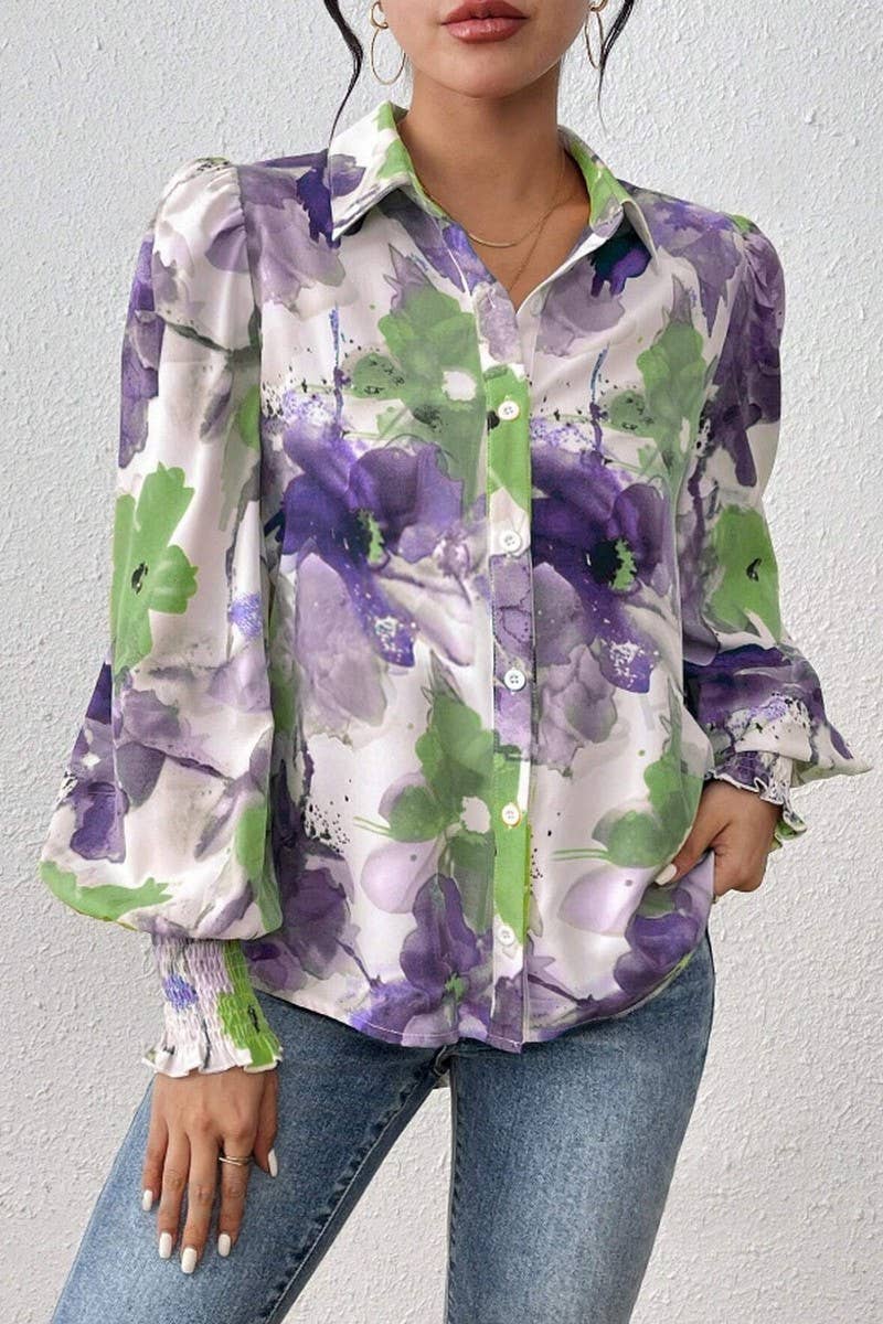 CWTSTL2885_PRINTED COLLARED PUFF SLEEVE LOOSE FIT SHIRT