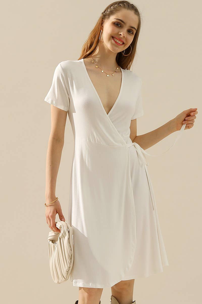 CWDSD10372_V NECK CASUALSHORT SLEEVE WRAP DRESSES