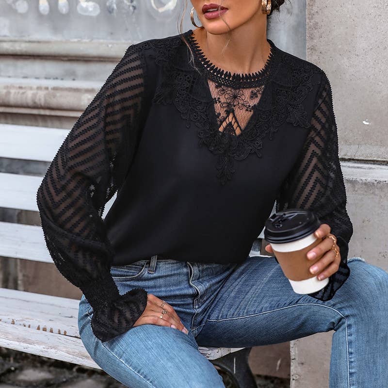 Flared sleeved lace patchwork solid-color shirt