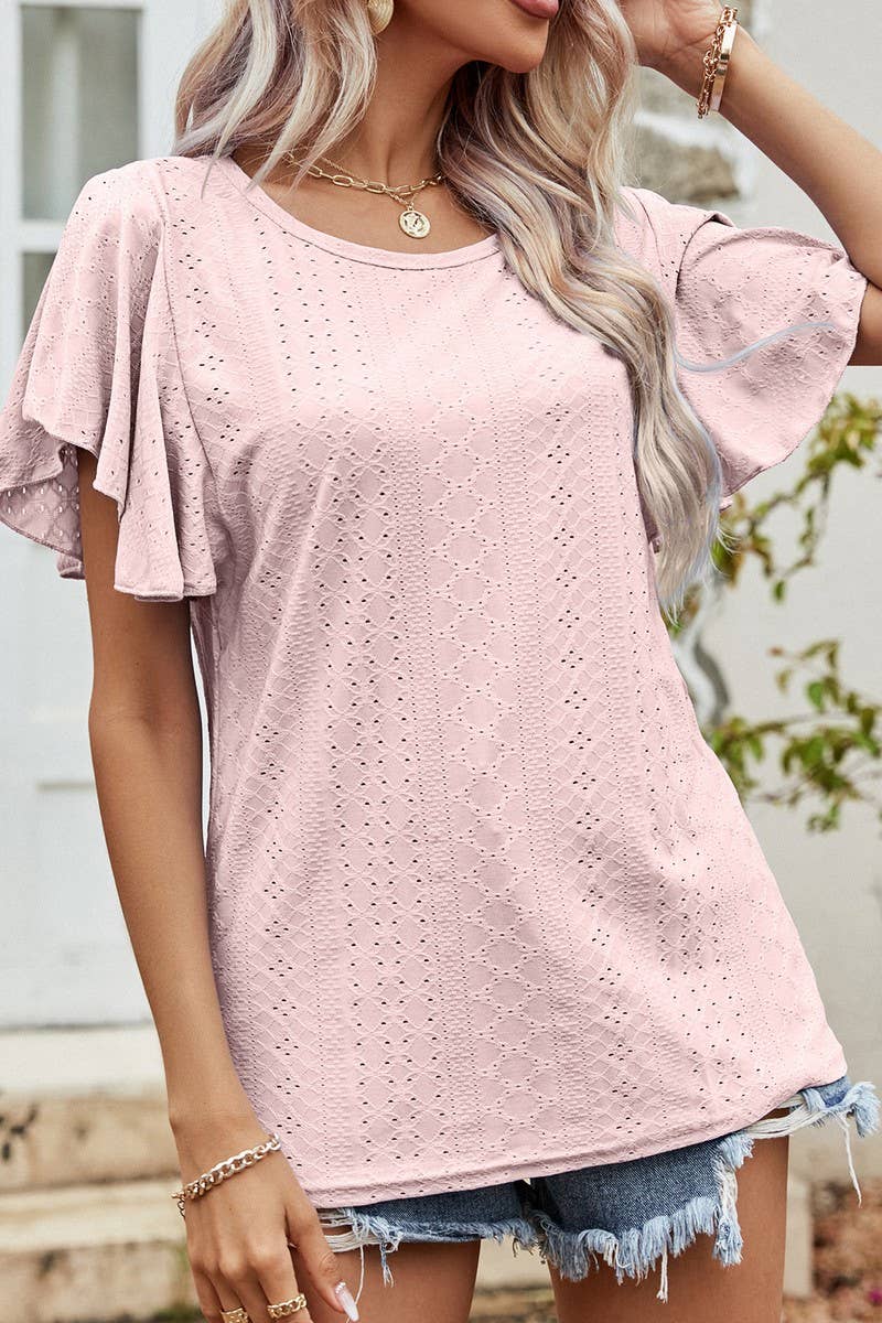 CWTBLS0359_Round neck Ruffle Sleeve Blouse