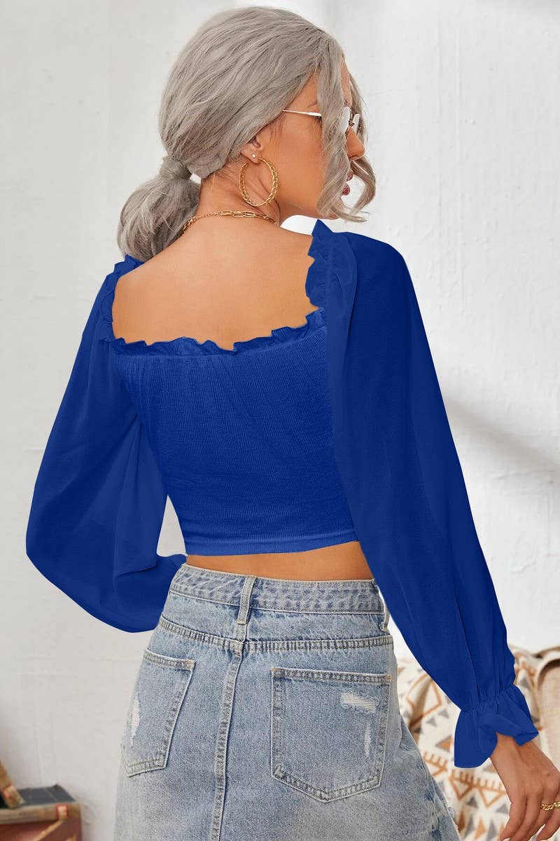 CWTBLL2261_SQUARE COLLAR RUFFLED LONG SLEEVE SHORT TOP