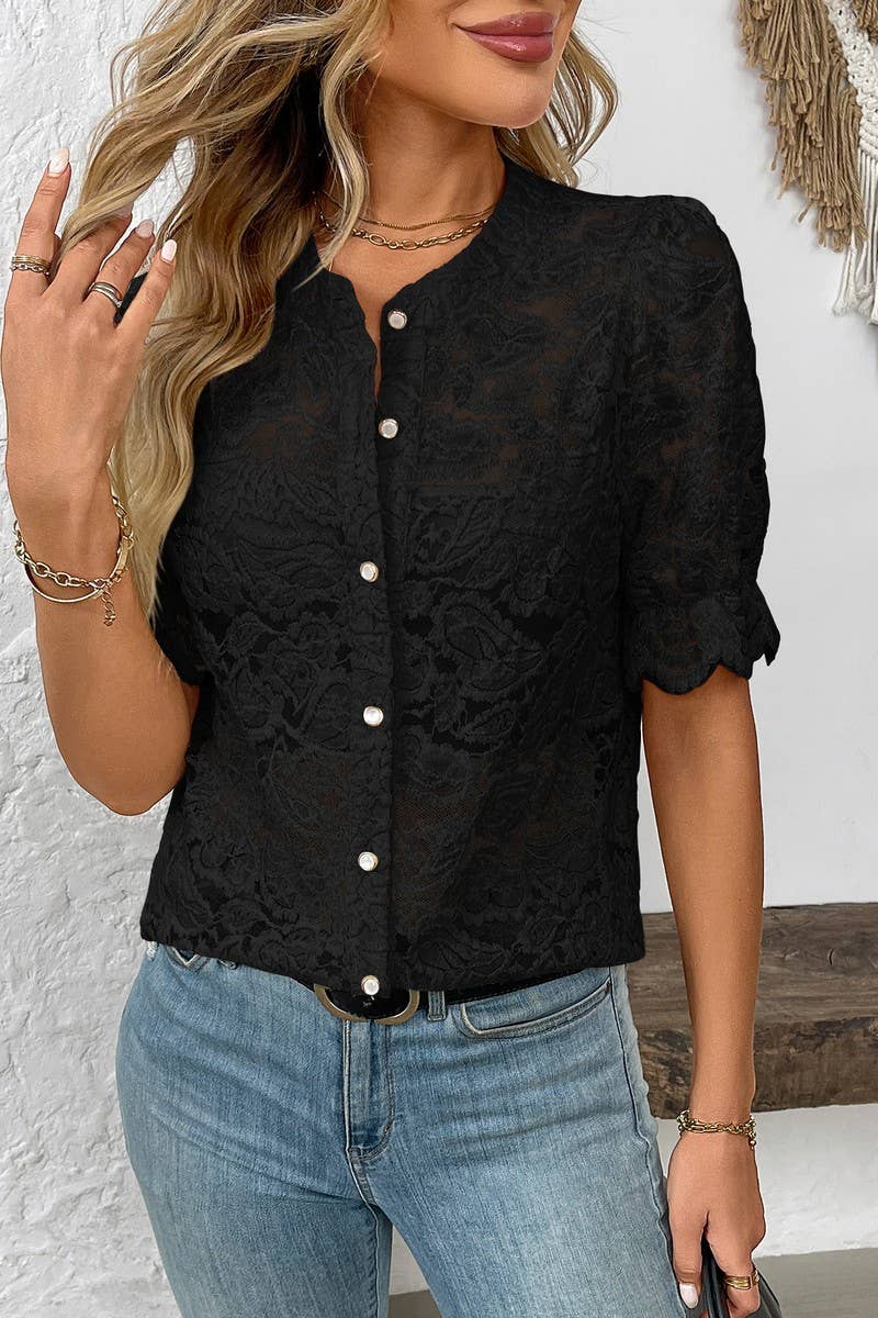 CWTBLS1621_SHORT SLEEVE CASUAL BUTTON LACE SHIRT