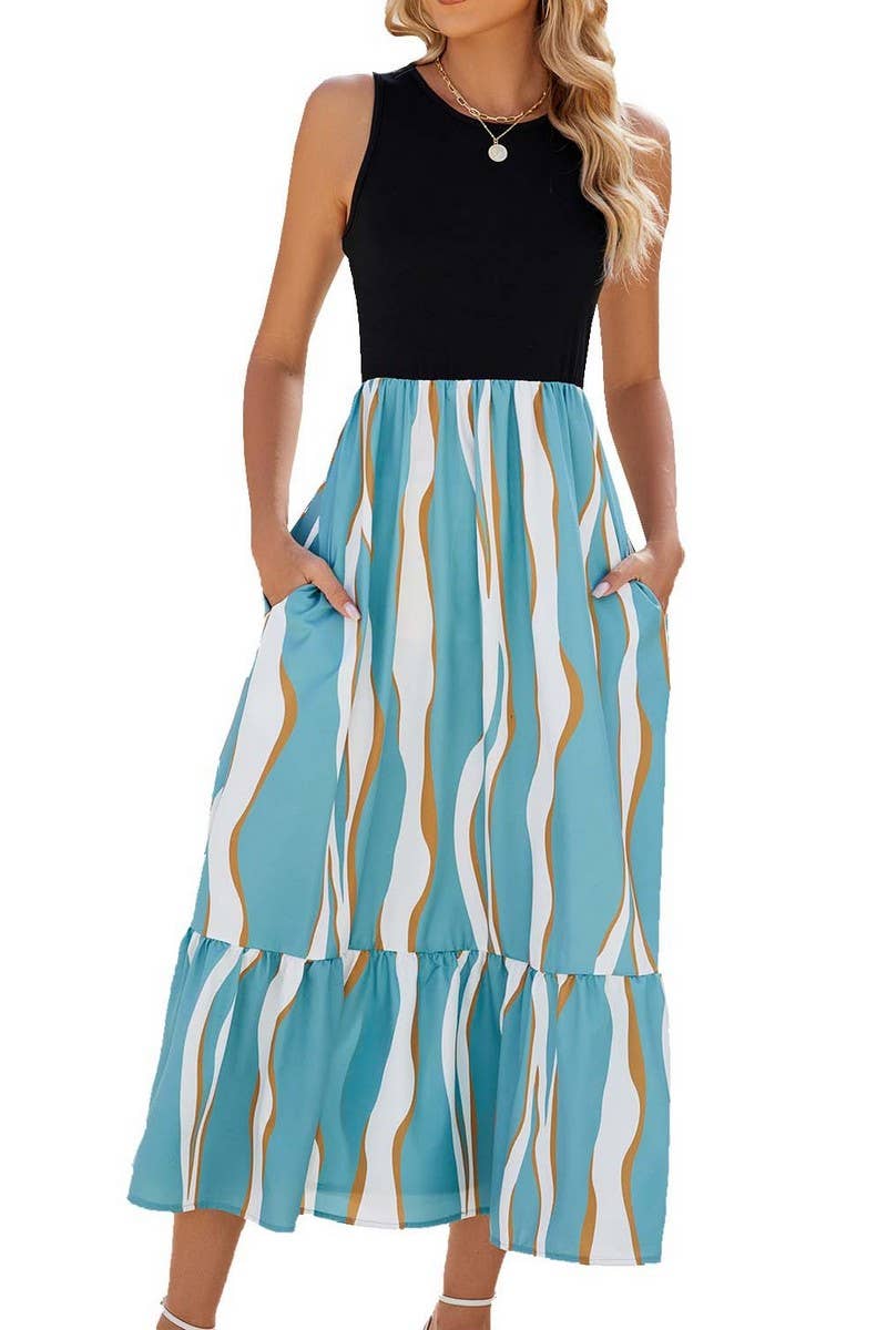 CREW NECK SLEEVELESS PRINTED TIE DYE DRESS_CWDMD1140