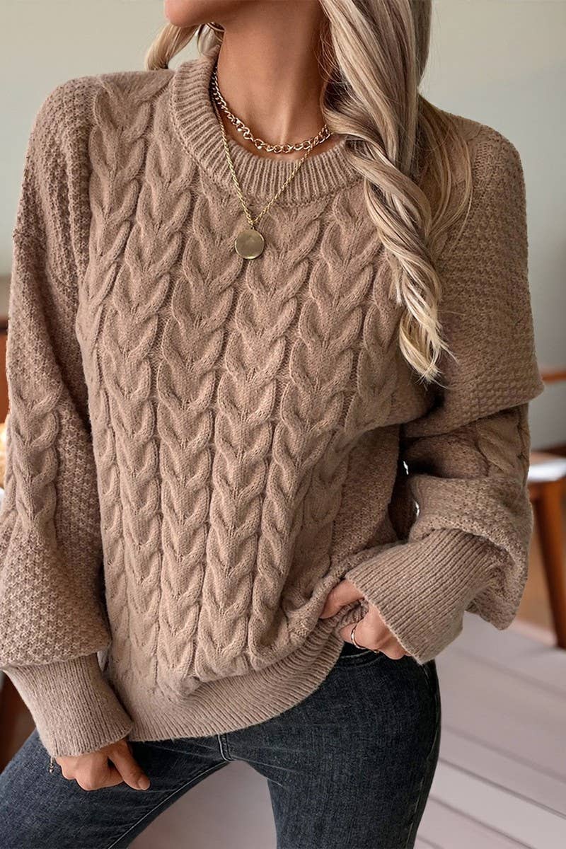 CWOSWL07456_CREW NECK SOLID CABLE KNIT LOOSE SWEATER