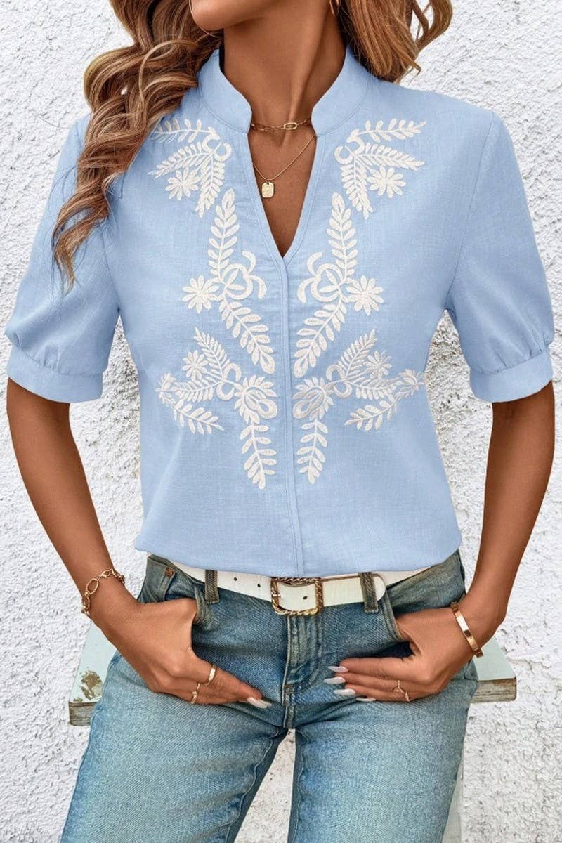 CWTBLS2269_V-NECK COTTON EMBROIDERED SHORT SLEEVE SHIRT