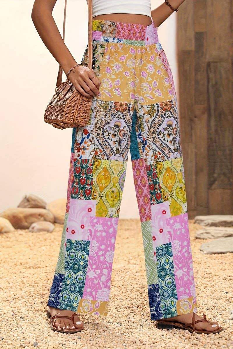 CWBLP2072_HIGH WAIST FLORAL FLARED DRAPED SUMMER PANTS