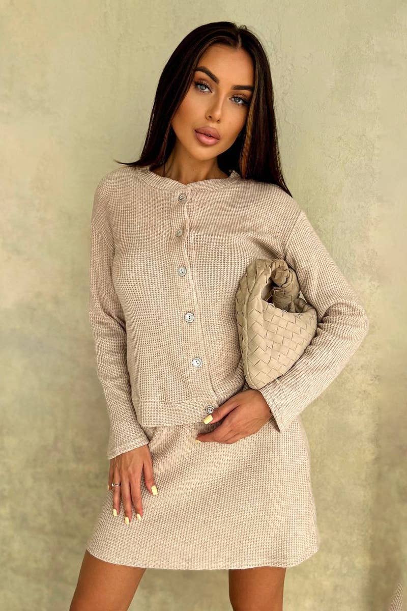 CWSS0799_BUTTON-UP LONG SLEEVE CARDIGAN SWEATER SKIRT SUIT