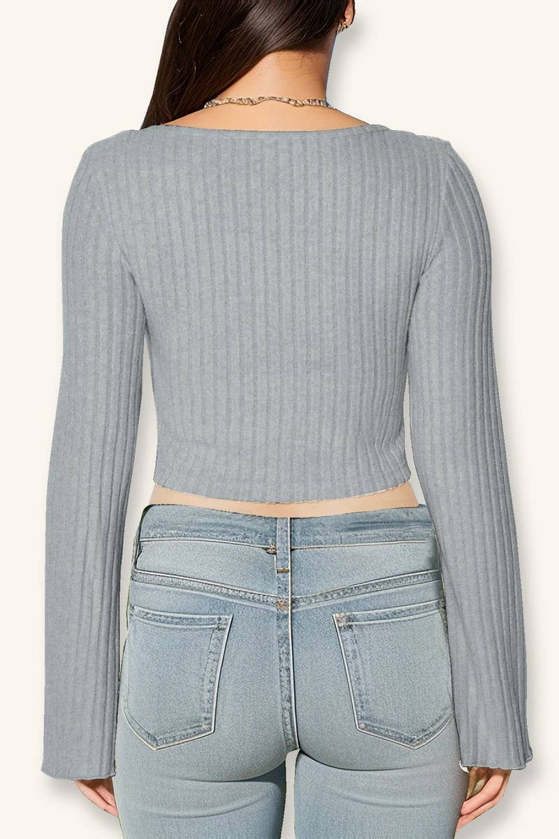 CWTBLL3790_V NECK DRAWSTRING FLARE SLEEVE CROP TOP