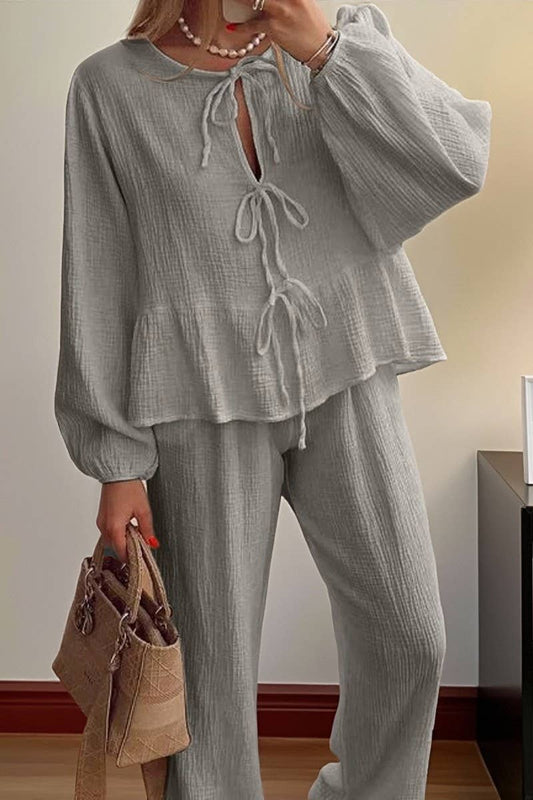 CWSTB00387_CASUAL LANTERN SLEEVE TIE TOP AND PANTS SET