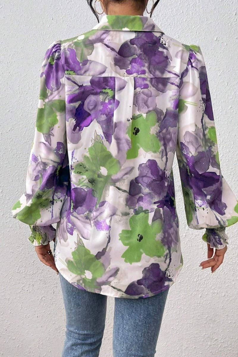 CWTSTL2885_PRINTED COLLARED PUFF SLEEVE LOOSE FIT SHIRT