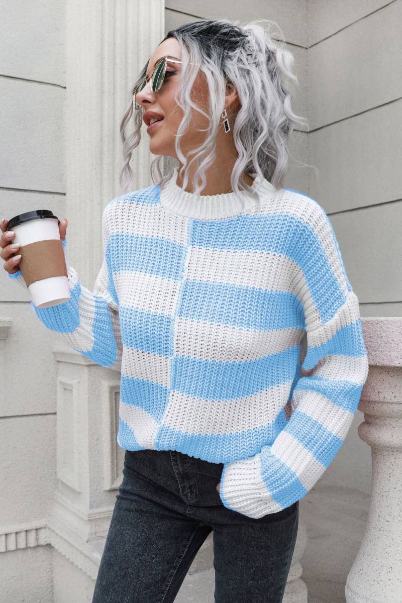 CWOSWL6405_WINTER STRIPED PLAID LONG-SLEEVED SWEATER