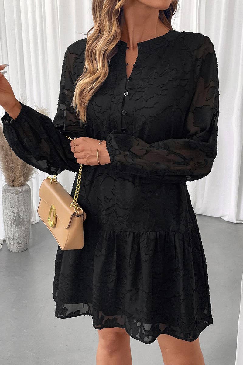 CWDSD10617_ELEGANT JACQUARD BELTED LONG SLEEVE DRESS