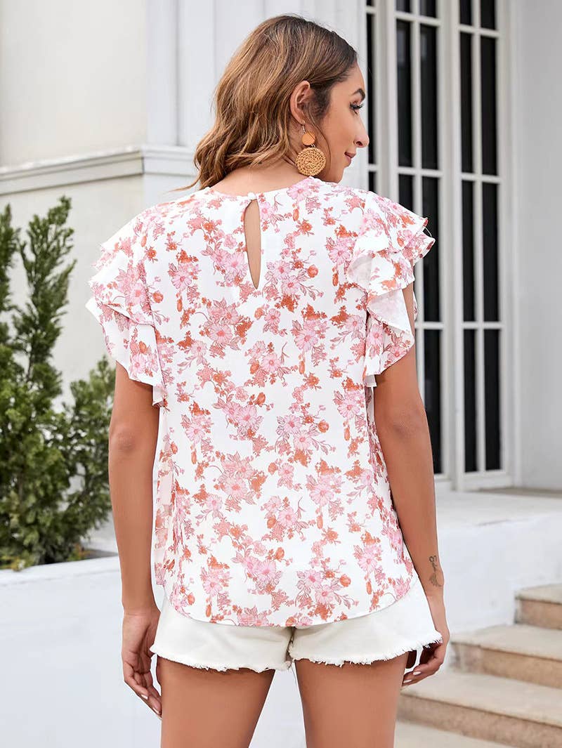 CREW-NECK PRINTED RUFFLED SHORT-SLEEVED T-SHIRT