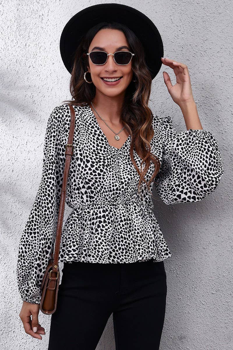 CWTBLL0707_V-Neck Long Sleeve Print Blouse