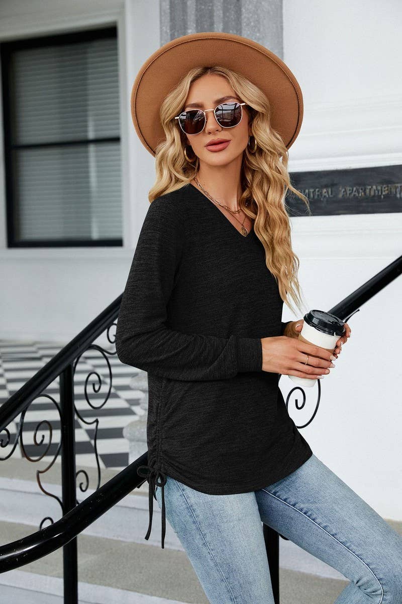 CWTBLL1845_V-NECK DRAWSTRING SOLID COLOR LOOSE T-SHIRT TOP