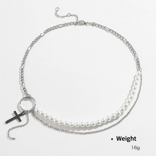 NEW CROSS PENDANT FASHION CHAIN PEARL EARRING SET